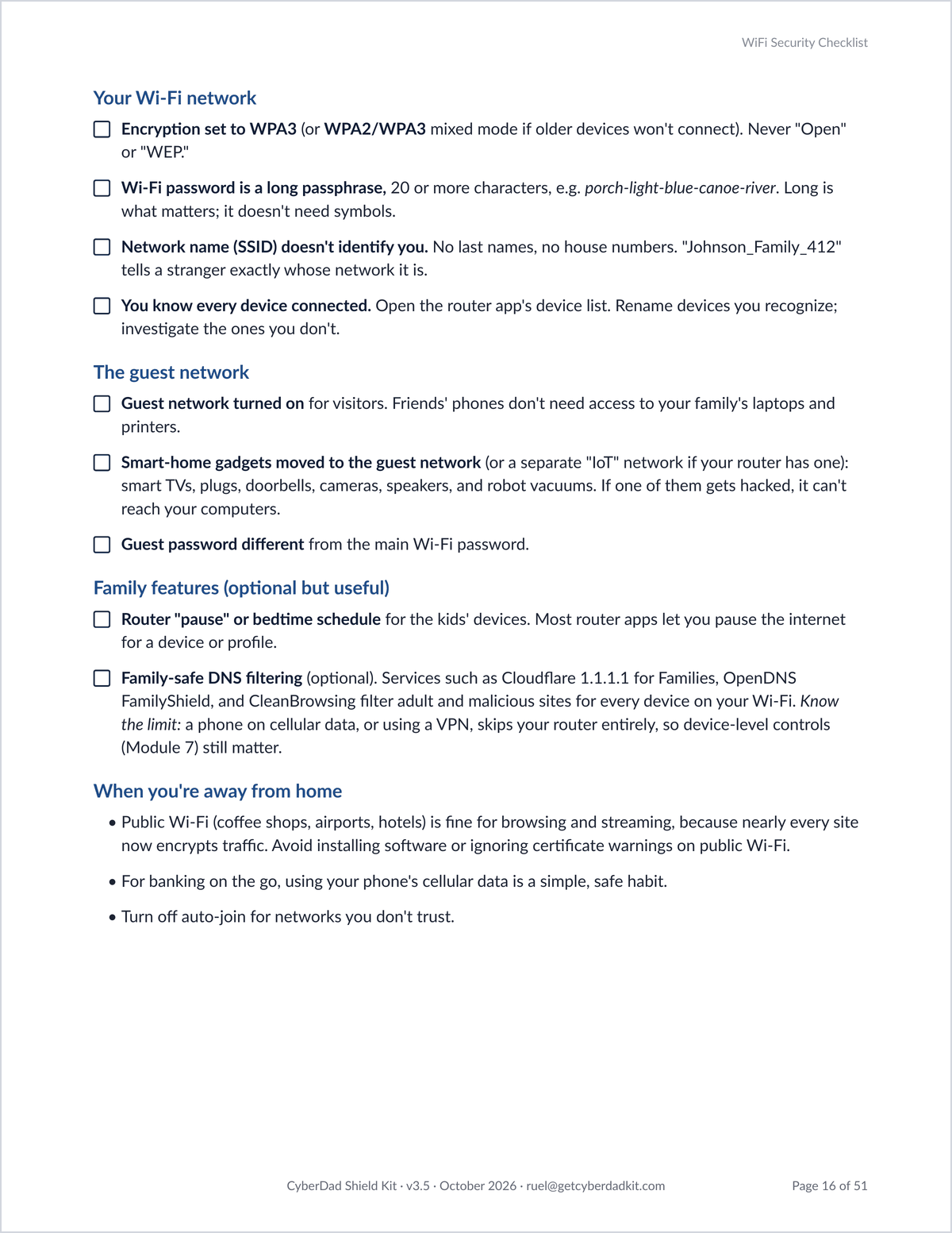 Kit page titled "WiFi Security Checklist" with checkbox items for router encryption, Wi-Fi passphrase, network name, guest network and family DNS filtering.