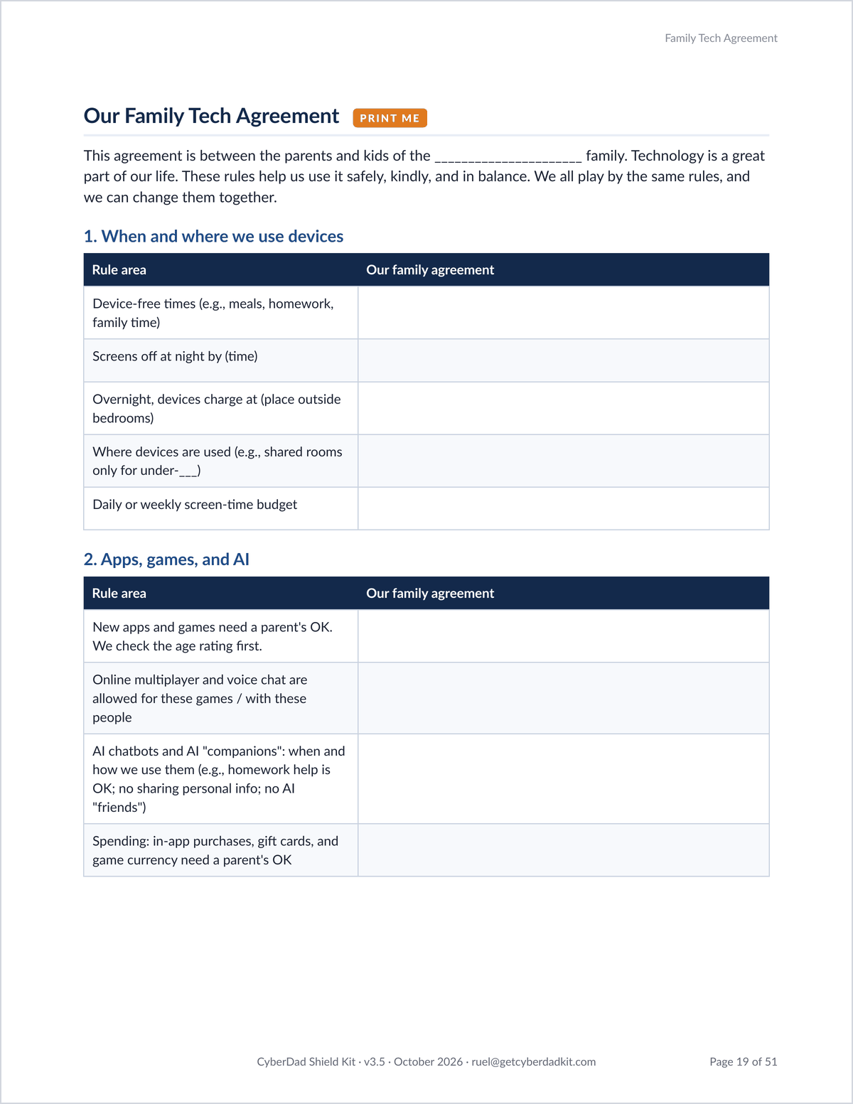 Kit page titled "Our Family Tech Agreement", a printable fill-in table of device times, overnight charging, apps, games, AI chatbots and spending rules.