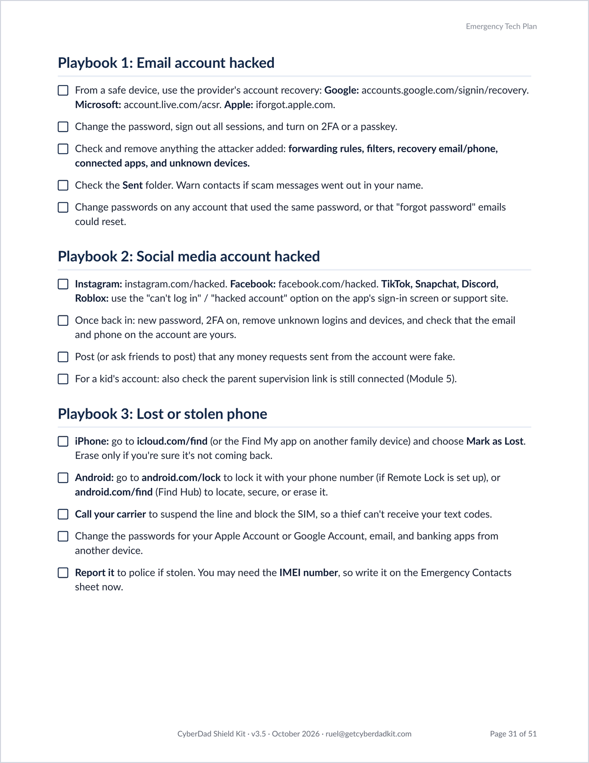 Kit page from the Emergency Tech Plan showing Playbook 1 email account hacked, Playbook 2 social media account hacked, and Playbook 3 lost or stolen phone, as checkbox steps.