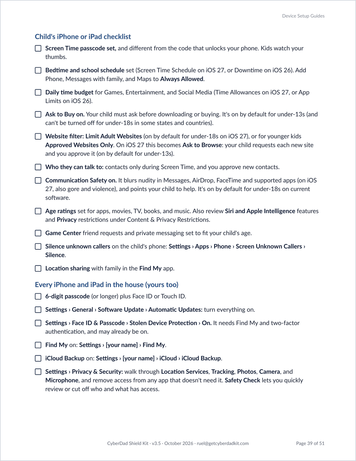 Kit page titled "Child's iPhone or iPad checklist", a checkbox list of Screen Time, Ask to Buy, website filter, Communication Safety and Find My settings.